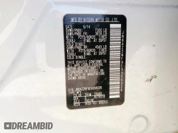 2014 Infiniti QX80 with VIN JN8AZ2NF9E9556026, listed as a Copart auction lot 58064825 with 177,104 mi miles and Salvage title. Bid and sale history available at DreamBid. Image 14.