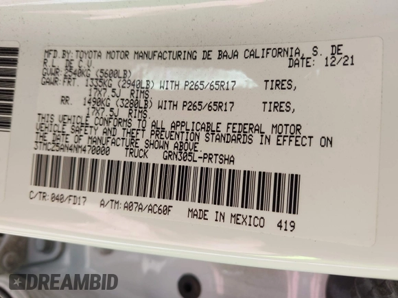 2022 Toyota Tacoma SR with VIN 3TMCZ5AN4NM470000, listed as a IAAI auction lot 41629818 with 78,138 mi miles and . Bid and sale history available at DreamBid. Image 9.
