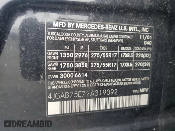 2002 Mercedes-Benz M-Class with VIN 4JGAB75E72A319092, listed as a Copart auction lot 69058864 with 0 mi miles and Salvage Title. Bid and sale history available at carsss.com. Image 13.