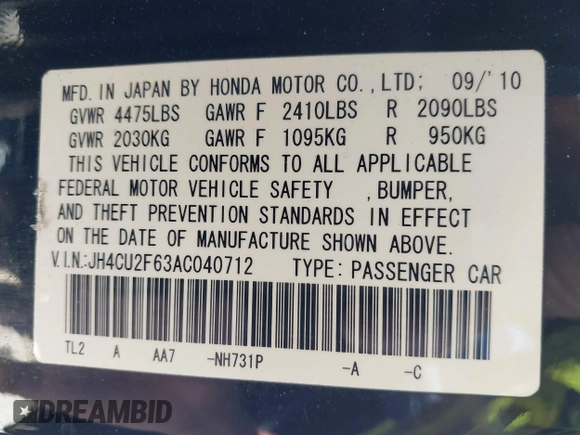 2010 Acura TSX with VIN JH4CU2F63AC040712, listed as a IAAI auction lot 42018157 with 159,730 mi miles. Bid and sale history available at carsss.com. Image 9.