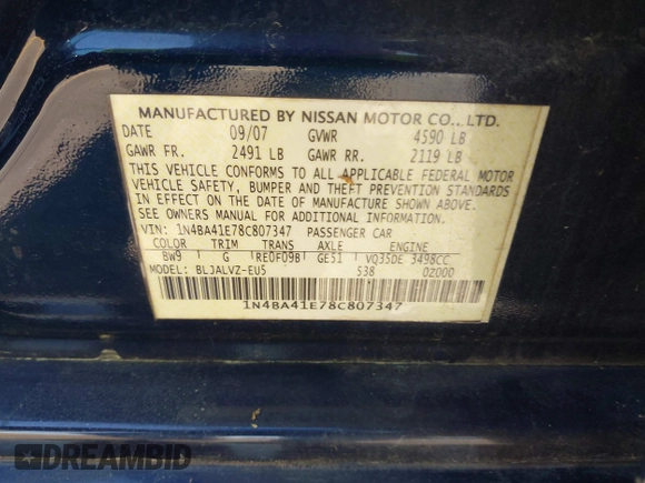 2008 Nissan Maxima SE z VIN 1N4BA41E78C807347, wystawiony jako IAAI lot #41881229 z przebiegiem Nie podano mil oraz . Historia ofert i sprzedaży dostępna na DreamBid. Obrazek 9.