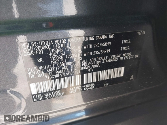 2020 Toyota RAV4 XLE Premium with VIN 2T3C1RFV3LW065281, listed as a IAAI auction lot 41756443 with 17,354 mi miles. Bid and sale history available at carsss.com. Image 9.