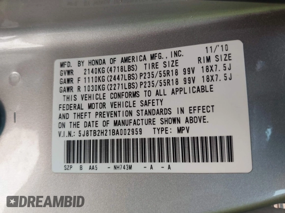 2011 Acura RDX with VIN 5J8TB2H21BA002959, listed as a IAAI auction lot 42748088 with 236,938 mi miles and . Bid and sale history available at DreamBid. Image 9.