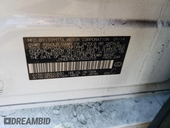 2014 Lexus GS 350 with VIN JTHCE1BL0E5022715, listed as a Copart auction lot 53662495 with 156,640 mi miles and Salvage title. Bid and sale history available at DreamBid. Image 12.