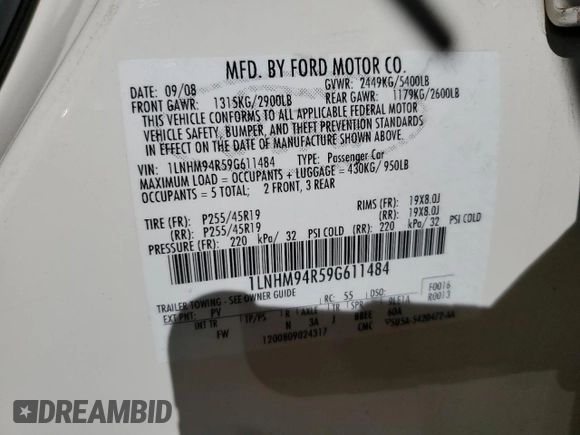 2009 Lincoln MKS with VIN 1LNHM94R59G611484, listed as a Copart auction lot 43998775 with 118,706 mi miles and Salvage Title. Bid and sale history available at DreamBid. Image 12.
