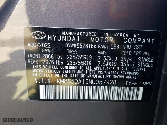 2022 Hyundai Santa Fe Hybrid Limited with VIN KM8S5DA15NU057928, listed as a Copart auction lot 68782183 with 9,996 mi miles. Bid and sale history available at carsss.com. Image 14.