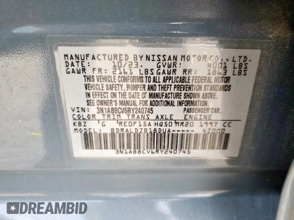 2024 Nissan Sentra SV with VIN 3N1AB8CV6RY240745, listed as a Copart auction lot 57093585 with 22,633 mi miles and Salvage title. Bid and sale history available at DreamBid. Image 13.