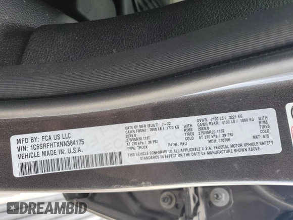 2022 Ram 1500 Limited with VIN 1C6SRFHTXNN384175, listed as a Copart auction lot 76073954 with 18,321 mi miles and Clean title. Bid and sale history available at DreamBid. Image 14.
