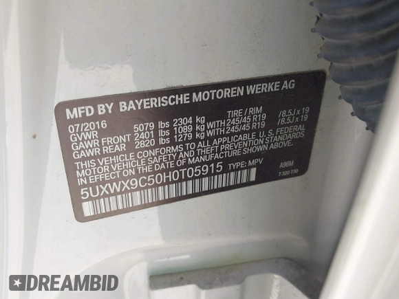 2017 BMW X3 xDrive28i with VIN 5UXWX9C50H0T05915, listed as a IAAI auction lot 41848841 with 64,062 mi miles and . Bid and sale history available at DreamBid. Image 9.