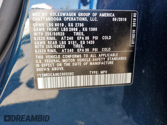 2019 Volkswagen Atlas SEL Premium z VIN 1V2NR2CA9KC602262, wystawiony jako Copart lot #54490045 z przebiegiem 57 367 mil mil oraz Szkoda całkowita • Salvage title. Historia ofert i sprzedaży dostępna na DreamBid. Obrazek 13.