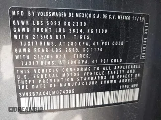 2020 Volkswagen Tiguan SE with VIN 3VV2B7AX4LM074385, listed as a IAAI auction lot 42063842 with 101,092 mi miles and . Bid and sale history available at DreamBid. Image 9.