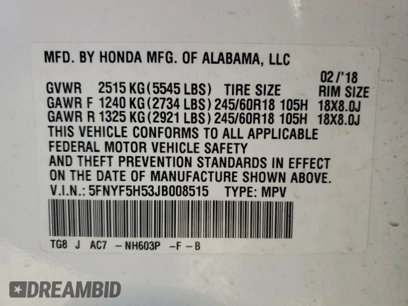 2018 Honda Pilot EX-L with VIN 5FNYF5H53JB008515, listed as a Copart auction lot 47343385 with 77,221 mi miles and Salvage title. Bid and sale history available at DreamBid. Image 14.