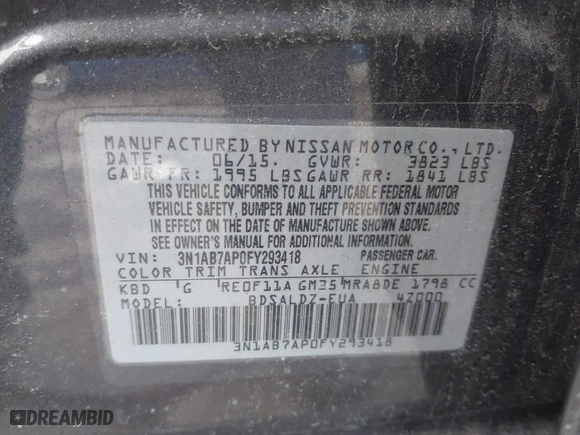 2015 Nissan Sentra S with VIN 3N1AB7AP0FY293418, listed as a IAAI auction lot 41686907 with 295,235 mi miles. Bid and sale history available at carsss.com. Image 9.