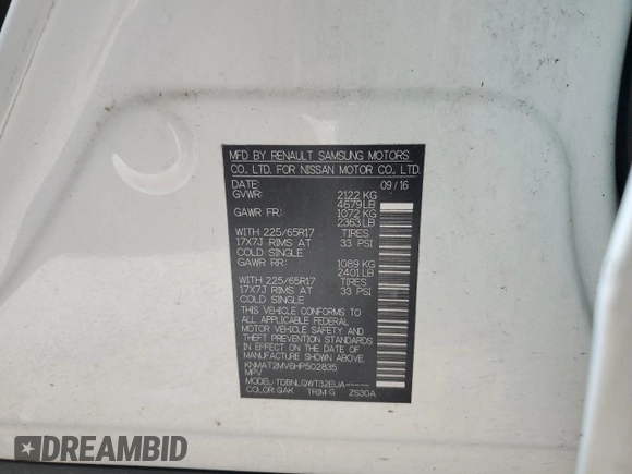 2017 Nissan Rogue S with VIN KNMAT2MV6HP502835, listed as a Copart auction lot 60999025 with 104,832 mi miles and Salvage title. Bid and sale history available at DreamBid. Image 12.