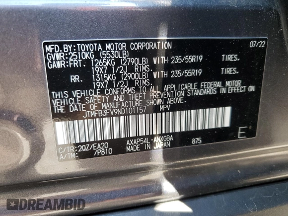 2022 Toyota RAV4 XSE with VIN JTMFB3FV9ND101157, listed as a Copart auction lot 59044315 with 54,591 mi miles and Salvage title. Bid and sale history available at DreamBid. Image 13.