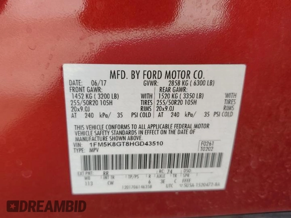 2017 Ford Explorer Sport with VIN 1FM5K8GT8HGD43510, listed as a Copart auction lot 51639995 with 751,058 mi miles and Salvage Title. Bid and sale history available at carsss.com. Image 13.