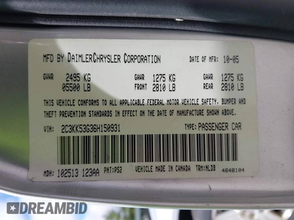 2006 Chrysler 300 Touring with VIN 2C3KK53G36H150931, listed as a IAAI auction lot 41934358 with 110,136 mi miles. Bid and sale history available at carsss.com. Image 9.
