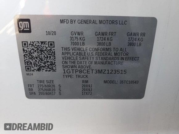 2021 GMC Sierra 1500 with VIN 1GTP8CET3MZ123515, listed as a Copart auction lot 47235435 with 57,713 mi miles and Clean Title. Bid and sale history available at DreamBid. Image 12.