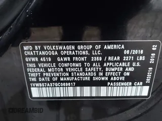 2016 Volkswagen Passat SE with VIN 1VWBS7A37GC069617, listed as a IAAI auction lot 41680890 with 139,457 mi miles and . Bid and sale history available at DreamBid. Image 9.