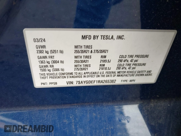 2024 Tesla Model Y Performance z VIN 7SAYGDEF1RA265382, wystawiony jako IAAI lot #42308468 z przebiegiem 9 700 mil mil oraz . Historia ofert i sprzedaży dostępna na DreamBid. Obrazek 9.