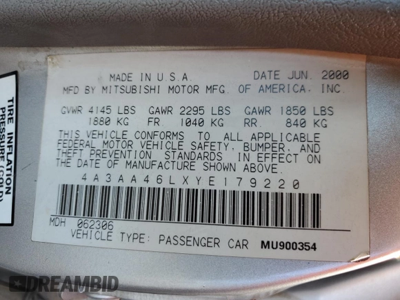 2000 Mitsubishi Galant with VIN 4A3AA46LXYE179220, listed as a Copart auction lot 44615815 with 142,054 mi miles and Salvage Title. Bid and sale history available at DreamBid. Image 12.