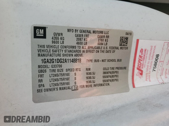 2010 Chevrolet Express Passenger LT with VIN 1GA2G1DG2A1148818, listed as a Copart auction lot 46236375 with 142,954 mi miles and Salvage title. Bid and sale history available at DreamBid. Image 15.