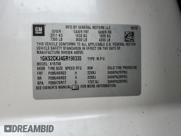 2016 GMC Yukon Denali with VIN 1GKS2CKJ4GR196335, listed as a Copart auction lot 47566265 with 105,970 mi miles and Salvage Title. Bid and sale history available at carsss.com. Image 13.