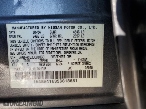 2005 Nissan Maxima 3.5 SL with VIN 1N4BA41E35C818681, listed as a Copart auction lot 46517535 with 104,929 mi miles and Salvage Title. Bid and sale history available at carsss.com. Image 13.