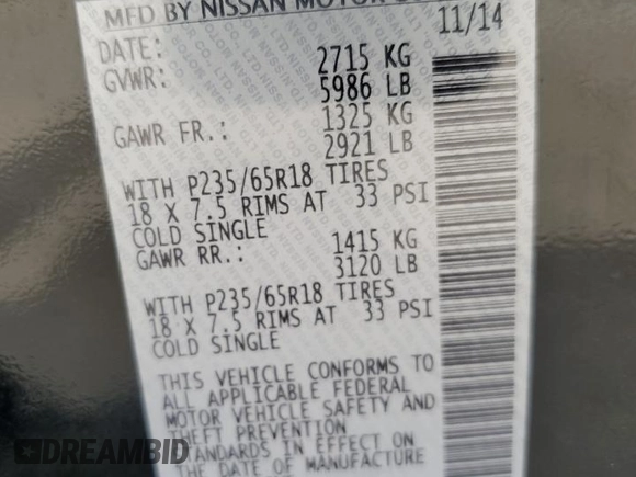 2015 Infiniti QX60 with VIN 5N1AL0MM7FC505979, listed as a Copart auction lot 54150315 with 213,250 mi miles and Clean title. Bid and sale history available at DreamBid. Image 13.