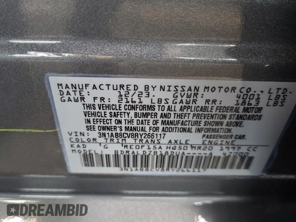 2024 Nissan Sentra SV with VIN 3N1AB8CV8RY266117, listed as a IAAI auction lot 42796449 with 24,547 mi miles and . Bid and sale history available at DreamBid. Image 33.