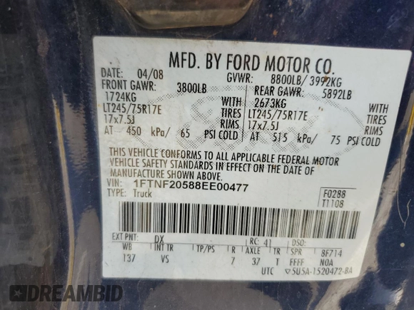 2008 Ford F-250 XL with VIN 1FTNF20588EE00477, listed as a Copart auction lot 61615835 with 351,235 mi miles and Salvage title. Bid and sale history available at DreamBid. Image 12.