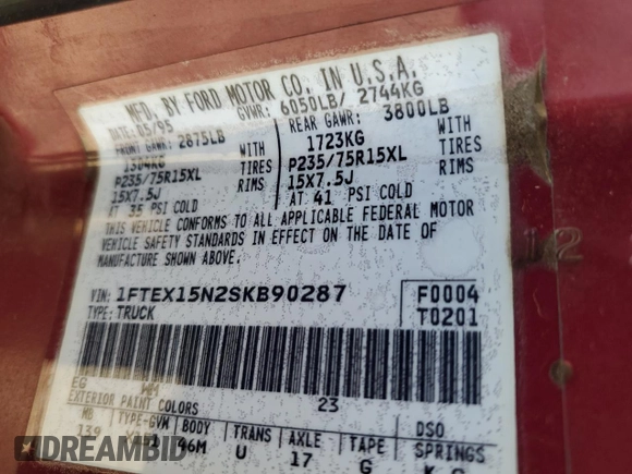 1995 Ford F-150 с VIN 1FTEX15N2SKB90287, выставлен на аукционе Copart как лот 49410705 с пробегом Не указан миль и Списание • Salvage title. История ставок и продаж доступна на DreamBid. Изображение 14.