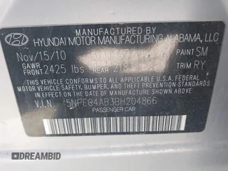 2011 Hyundai Sonata Limited with VIN 5NPEC4AB3BH204866, listed as a IAAI auction lot 42071028 with 230,480 mi miles and . Bid and sale history available at DreamBid. Image 9.
