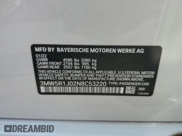 2022 BMW 3 Series 330i with VIN 3MW5R1J02N8C53220, listed as a Copart auction lot 62423015 with Not provided miles and Salvage title. Bid and sale history available at DreamBid. Image 13.