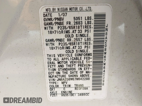 2007 Nissan Murano S with VIN JN8AZ08W67W642298, listed as a IAAI auction lot 41812262 with 175,703 mi miles and . Bid and sale history available at DreamBid. Image 9.