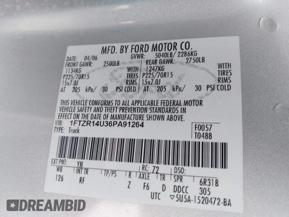 2006 Ford Ranger XL with VIN 1FTZR14U36PA91264, listed as a IAAI auction lot 41970024 with 60,062 mi miles and . Bid and sale history available at DreamBid. Image 9.