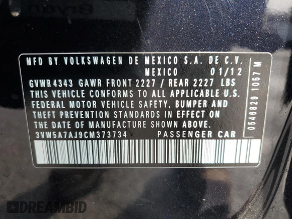 2012 Volkswagen Jetta GLI Autobahn с VIN 3VW5A7AJ9CM373734, выставлен на аукционе Copart как лот 47945645 с пробегом 96 772 миль миль и Чистый • Clean title. История ставок и продаж доступна на DreamBid. Изображение 12.