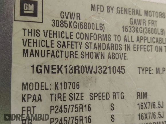 1998 Chevrolet Tahoe z VIN 1GNEK13R0WJ321045, wystawiony jako IAAI lot #42223891 z przebiegiem 192 041 mil mil oraz . Historia ofert i sprzedaży dostępna na DreamBid. Obrazek 9.