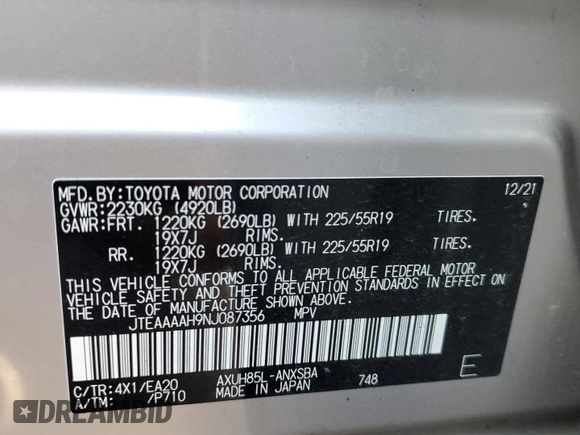 2022 Toyota Venza LE with VIN JTEAAAAH9NJ087356, listed as a Copart auction lot 74365184 with 38,094 mi miles and Salvage Title. Bid and sale history available at carsss.com. Image 13.