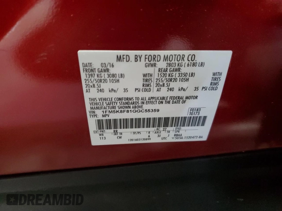 2016 Ford Explorer Limited with VIN 1FM5K8F81GGC55359, listed as a Copart auction lot 53276965 with 45,047 mi miles and Salvage Title. Bid and sale history available at carsss.com. Image 15.