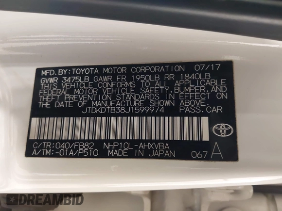 2018 Toyota Prius One with VIN JTDKDTB38J1599974, listed as a IAAI auction lot 41977533 with 71,225 mi miles and . Bid and sale history available at DreamBid. Image 9.