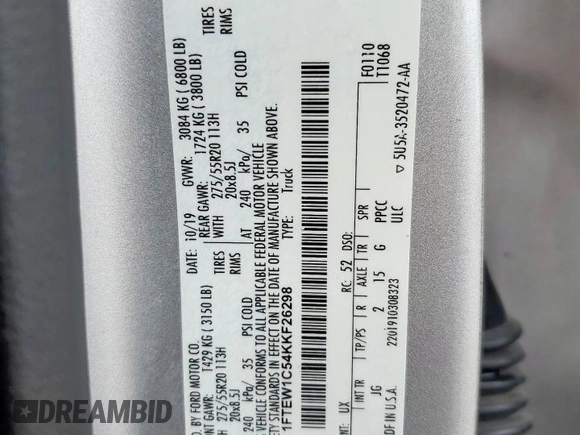 2019 Ford F-150 XL with VIN 1FTEW1C54KKF26298, listed as a Copart auction lot 62091785 with 108,889 mi miles and Salvage title. Bid and sale history available at DreamBid. Image 13.