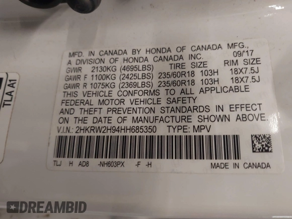 2017 Honda CR-V Touring with VIN 2HKRW2H94HH685350, listed as a IAAI auction lot 41753725 with 75,749 mi miles. Bid and sale history available at carsss.com. Image 9.