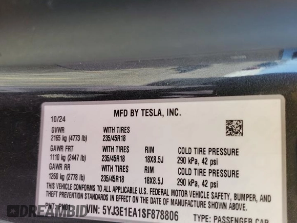 2025 Tesla Model 3 Long Range with VIN 5YJ3E1EA1SF878806, listed as a Copart auction lot 50427005 with 9,790 mi miles and Salvage Title. Bid and sale history available at DreamBid. Image 13.