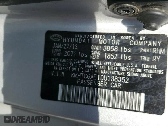 2013 Hyundai Veloster Turbo w/Black Int with VIN KMHTC6AE1DU138352, listed as a Copart auction lot 51523805 with 142,959 mi miles and Clean Title. Bid and sale history available at carsss.com. Image 12.