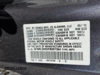 2015 Honda Odyssey Touring Elite с VIN 5FNRL5H93FB097364, выставлен на аукционе Copart как лот 55827425 с пробегом 149 396 миль миль и Списание • Salvage title. История ставок и продаж доступна на DreamBid. Изображение 13.