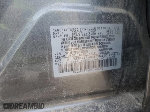 2019 Nissan Sentra S with VIN 3N1AB7AP6KY440691, listed as a Copart auction lot 44525355 with 70,059 mi miles and Salvage Title. Bid and sale history available at DreamBid. Image 12.