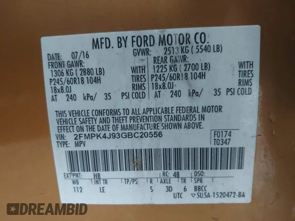 2016 Ford Edge SEL z VIN 2FMPK4J93GBC20556, wystawiony jako IAAI lot #41499188 z przebiegiem 104 430 mil mil oraz . Historia ofert i sprzedaży dostępna na DreamBid. Obrazek 9.