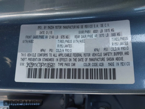 2015 Mazda 3 i Sport with VIN 3MZBM1K78FM185981, listed as a IAAI auction lot 42057365 with 80,934 mi miles and . Bid and sale history available at DreamBid. Image 9.