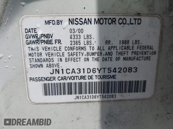 2000 Nissan Maxima GXE z VIN JN1CA31D6YT542083, wystawiony jako IAAI lot #42306685 z przebiegiem 296 613 mil mil oraz . Historia ofert i sprzedaży dostępna na DreamBid. Obrazek 9.